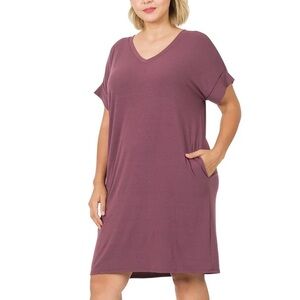 Zenana Soft Roll Sleeve V-Neck Soft Swingy T-Shirt Dress